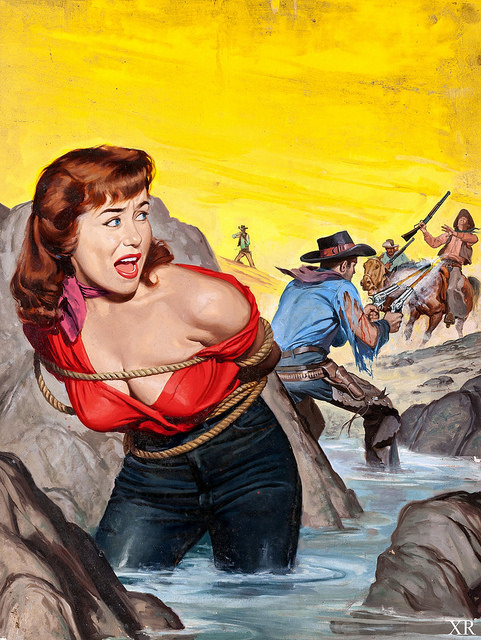 Pulp art image of woman tied up in a western
